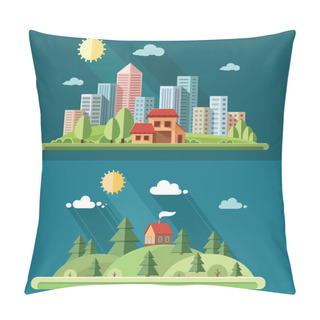 Personality  Nature Set - Country House On A Background Of A Big City. Rural  Pillow Covers
