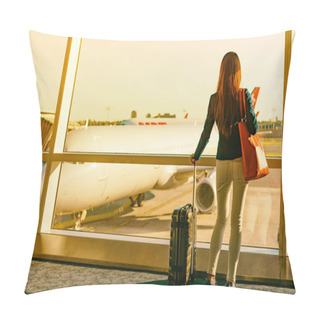 Personality  Airport Travel Woman Looking Through Window Sunset At Airplanes On Tarmac Waiting For Flight Departure Leaving For Business Trip Holiday At First Class Lounge Terminal Delayed Boarding Pillow Covers