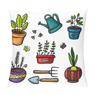 Personality  Color Illustration. Garden Set Of Plants And Garden Tools. Pillow Covers