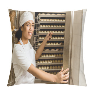 Personality  Smiling Female Baker Pointing At Dough Inside Of Industrial Oven At Baking Manufacture Pillow Covers