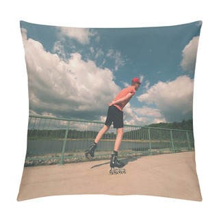 Personality  Rear View To Inline Skater In Red T-shirt And Black Pants Skating On The Bridge . Outdoor Inline Skating  Pillow Covers