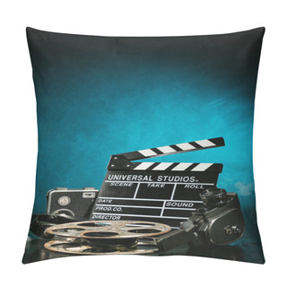 Personality  Vintage Film Claper With Film Reel And Camera. Filmmakers Equipment Background Pillow Covers
