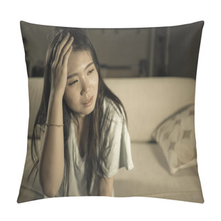 Personality  Young Beautiful Sad And Depressed Asian Korean Woman At Home Sofa Couch Feeling Overwhelmed Suffering Anxiety Crisis And Depression Problem Crying  Pillow Covers