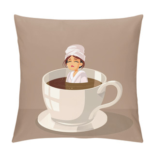 Personality  Sleepy Woman Swimming In Coffee Vector Cartoon Illustration Pillow Covers
