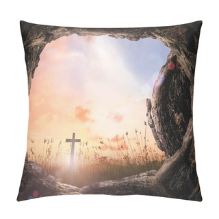 Personality  Resurrection Of Jesus Christ Concept: Tomb Empty With Cross At Sunrise Background Pillow Covers