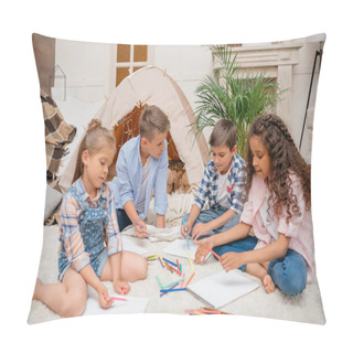 Personality  Multiethnic Kids Drawing At Home Pillow Covers