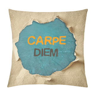 Personality  The Phrase Carpe Diem Written Over Chalkboard Through Hole In Torn Paper Pillow Covers