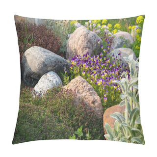 Personality  Blooming Violets And Other Flowers In A Small Rockery In The Summer Garden Pillow Covers