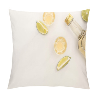 Personality  Top View Of Golden Tequila In Bottle And Shot Glasses With Lime On White Marble Surface Pillow Covers