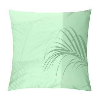 Personality  Summer Travel Concept. Shadow Of Exotic Palm Leaves Is Laying On Trendy Mint Color Background. Banner With Copy Space Pillow Covers