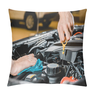 Personality  Cropped Shot Of Auto Mechanic With Rag Checking Automobile Pillow Covers