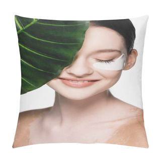 Personality  Smiling Young Beautiful Woman With Vitiligo And Eye Patches On Face Near Green Leaf Isolated On White Pillow Covers