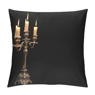 Personality  Burning Old Candle Vintage Silver Bronze Candlestick. Isolated Black Background. Pillow Covers