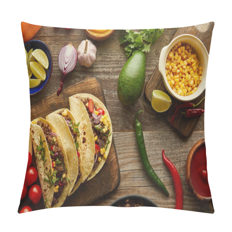 Personality  Top View Of Traditional Mexican Tacos With Organic Ingredients On Wooden Background Pillow Covers