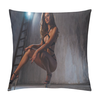 Personality  Young Brunette Slim Woman Dancer In Black Lingerie Posing In The Interior Pillow Covers