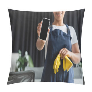 Personality  Cropped View Of Smiling Bi-racial Woman Holding Rubber Gloves And Smartphone With Blank Screen Pillow Covers