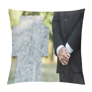 Personality  Cropped View Of Elderly Man Standing Near Tombs With Clenched Hands  Pillow Covers