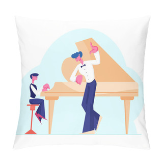 Personality  Little Boy In Concert Dress Training On Grand Piano With Help Of Experienced Teacher. Musical Education Concept. Young Pianist Student Prepare To Performance On Stage. Cartoon Flat Vector Illustration Pillow Covers