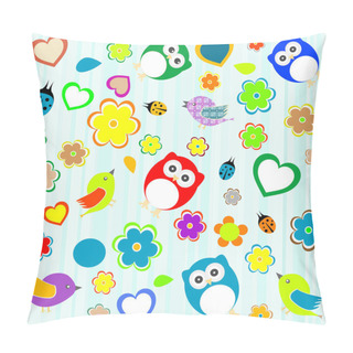 Personality  Set Of Summer Nature Elements: Owls, Birds, Flowers Pillow Covers