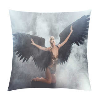 Personality  Beautiful Sexy Woman With Black Angel Wings And Outstretched Hands Sitting And Posing On Dark Smoky Background Pillow Covers