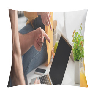 Personality  Partial View Of Young Couple Pointing With Fingers At Laptop At Home, Banner Pillow Covers