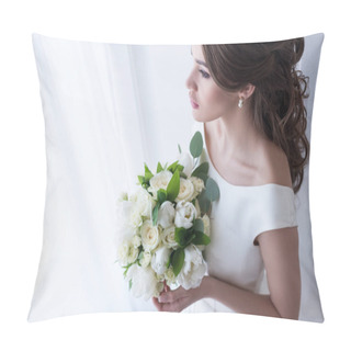 Personality  Attractive Bride In Traditional Dress Holding Wedding Bouquet Pillow Covers