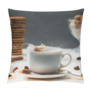 Personality  Brown Sugar Cubes Splashing Into Coffee Cup On Table With Cookies And Spices Pillow Covers