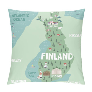 Personality  Illustration Map Of Finland With Nature, Animals And Landmarks. Editable Vector Illustration Pillow Covers
