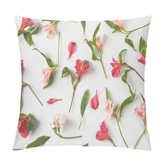 Personality  Top View Of Background From Beautiful Pink Alstroemeria Flowers And Green Leaves On Grey  Pillow Covers