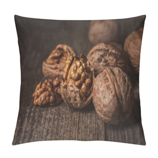 Personality  Close Up View Of Shelled And Whole Walnuts On Wooden Tabletop Pillow Covers