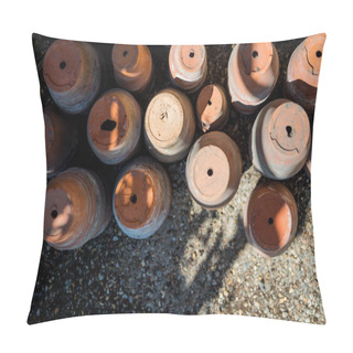 Personality  Top View Of Brown Handmade Ceramic Pots On Ground     Pillow Covers