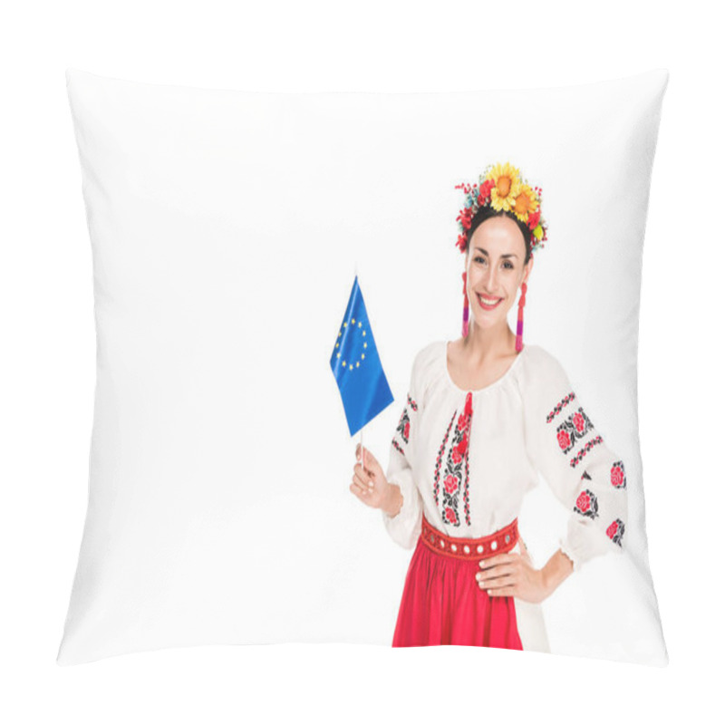 Personality  Happy Brunette Young Woman In National Ukrainian Costume Holding European Flag Isolated On White Pillow Covers