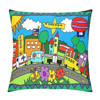 Personality  Childrens Artwork Of A City Scene With Trucks, Buildings, Flowers Pillow Covers