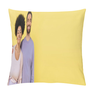 Personality  Joyful Bearded Man Embracing Shoulders Of African American Woman Isolated On Yellow, Banner Pillow Covers