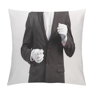 Personality  Cropped View Of Magician In Suit And Hat Holding Wand, Isolated On Grey Pillow Covers