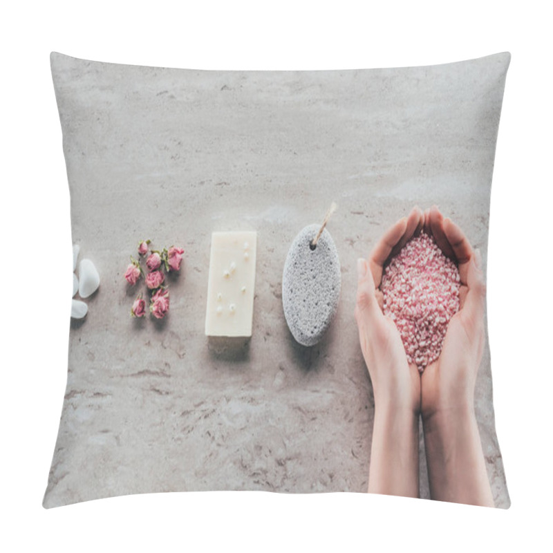 Personality  Cropped View Of Hands With Sea Salt On Marble Surface With Stones, Dried Roses, Natural Soap And Pumice For Spa Pillow Covers
