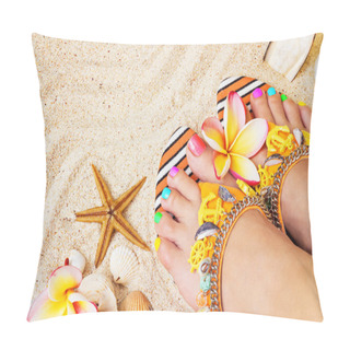 Personality  Female Feet With Pretty Multicolor Pedicure On Sand, With Frangi Pillow Covers