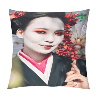 Personality  Selective Focus Of Beautiful Smiling Geisha With Umbrella In Sunlight Pillow Covers