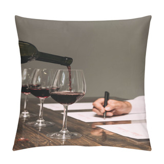 Personality  Partial View Of Sommelier Writing At Table With Wine Glasses Pillow Covers