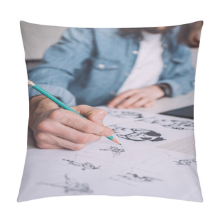 Personality Cropped View Of Illustrator Drawing Cartoon Sketches On Paper  Pillow Covers