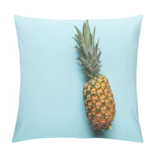 Personality  Top View Of Whole Ripe Tropical Pineapple On Blue Background With Copy Space Pillow Covers
