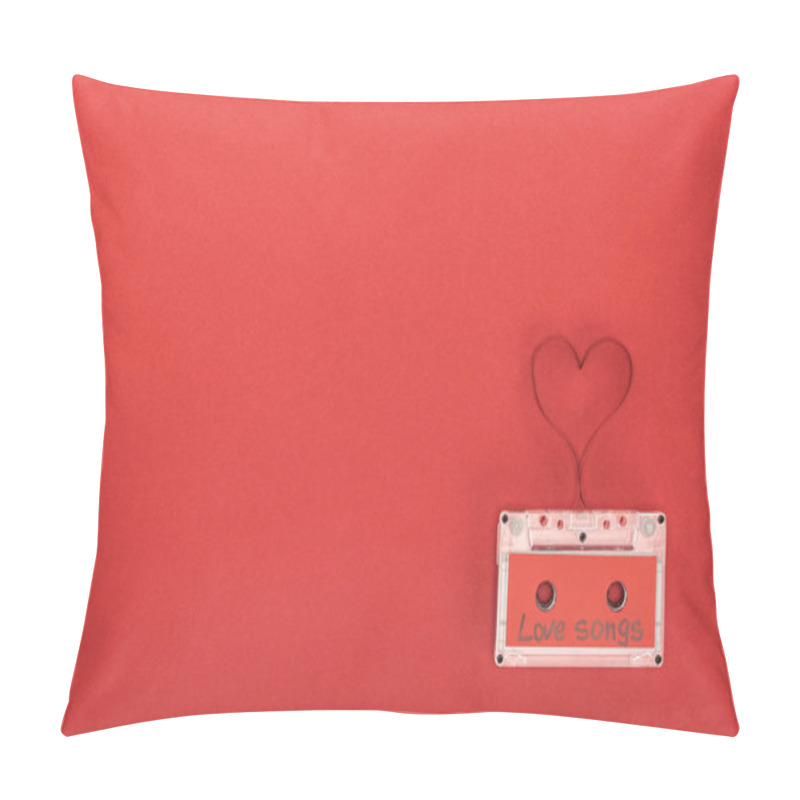 Personality  Elevated View Of Audio Cassette With Lettering Love Songs And Heart Symbol Made Of Tape Isolated On Red, St Valentine Day Concept Pillow Covers