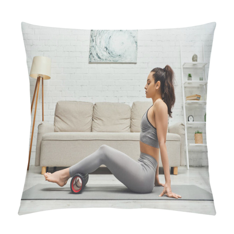 Personality  Side View Of Relaxed Brunette Woman In Fitness Clothes Massaging Legs With Roller Massager And Sitting On Mat In Living Room At Home, Maintaining Healthy Lymphatic System Concept, Myofascial Release Pillow Covers