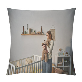 Personality  Helpless And Upset Woman With Soft Toy Standing Near Crib With In Bleak Nursery Room At Home Pillow Covers