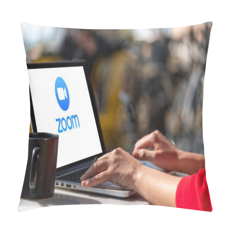 Personality  Antalya, TURKEY - March 30, 2020. Laptop showing Zoom Cloud Meetings app logo. pillow covers