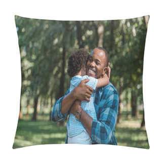 Personality  Happy African American Father With Closed Eyes Hugging Curly Son  Pillow Covers