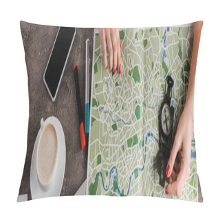 Personality  Panoramic Shot Of Woman Near Map, Compass, Cup With Coffee And Gadgets  Pillow Covers