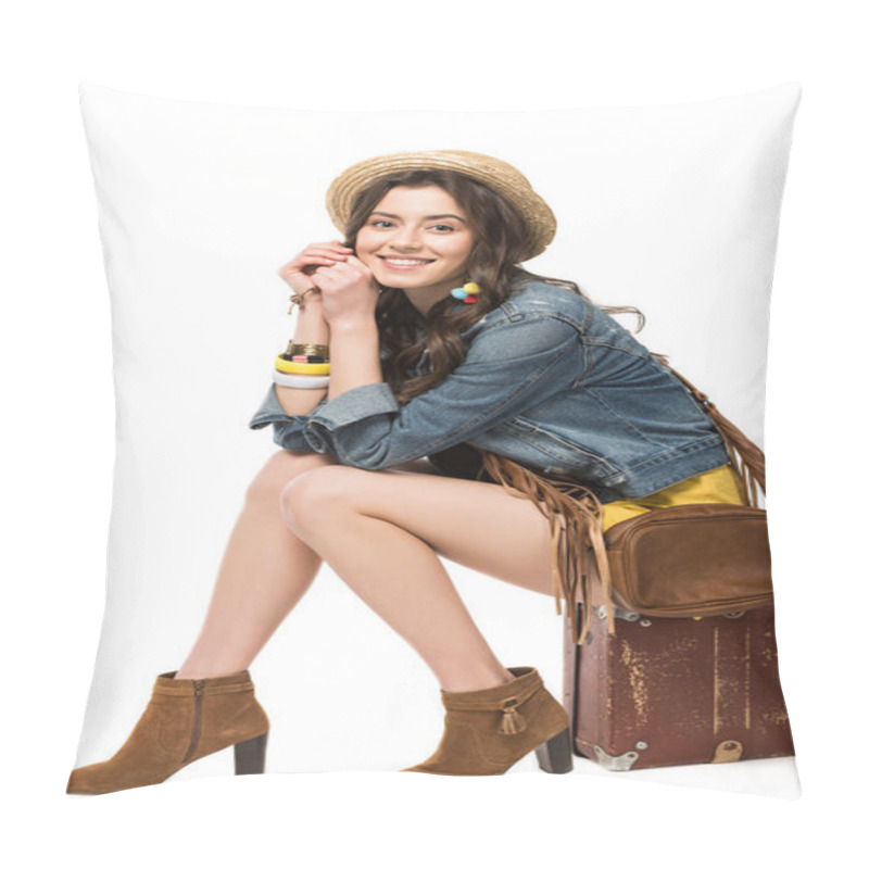 Personality  Smiling Hippie Girl In Boater Sitting On Suitcase Isolated On White Pillow Covers