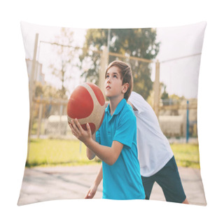 Personality  Two Teenage Boys Play Basketball On The Playground. Athletes Fight For The Ball In The Game. Healthy Lifestyle, Sports, Motivation Pillow Covers