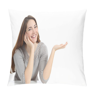 Personality  Happy Woman Presenting With Open Hand Holding Something Blank Pillow Covers